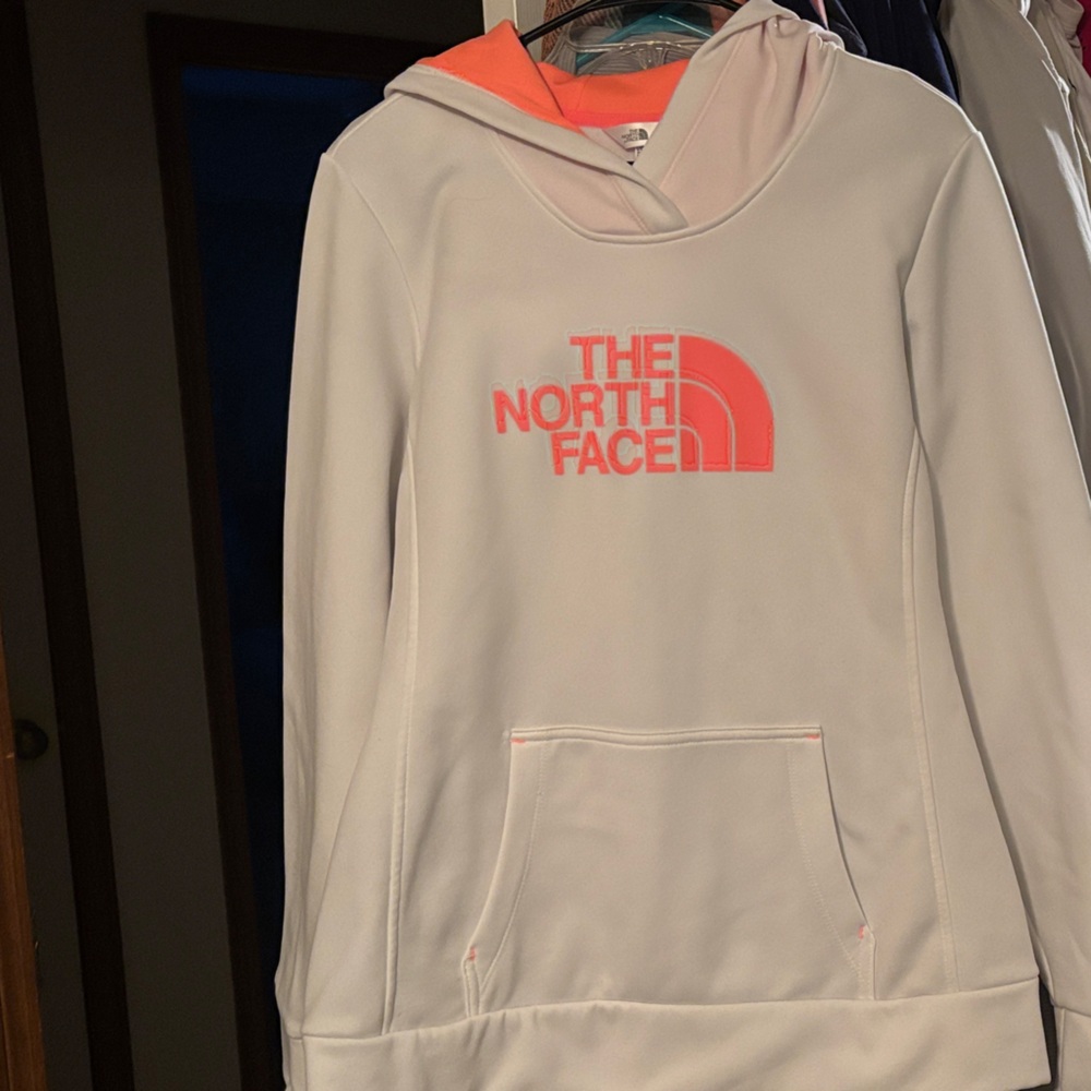 The North Face Cream Hoodie with Pink Logo